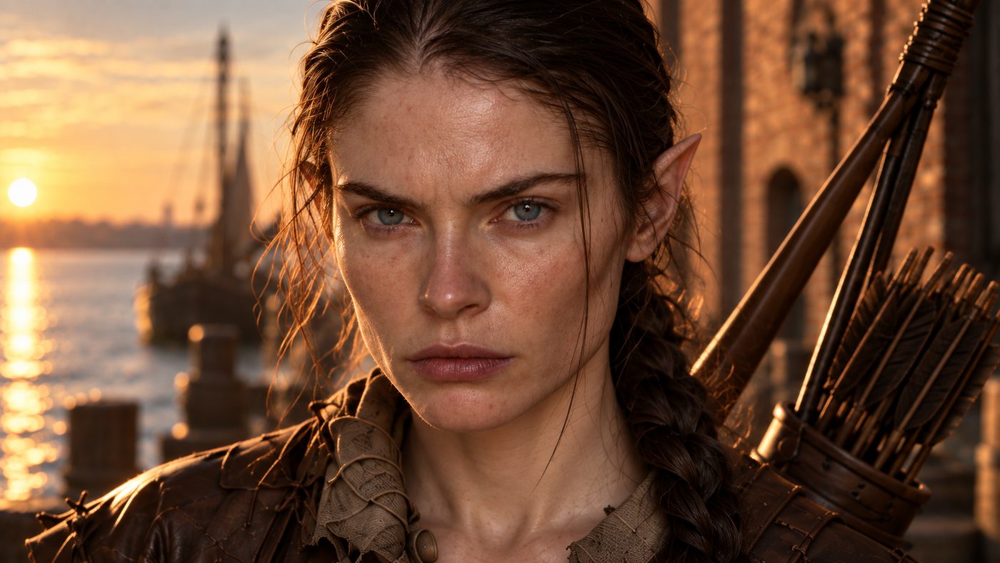Close portrait of an elven archer on a harbour at sunset, a quiver over her shoulder.