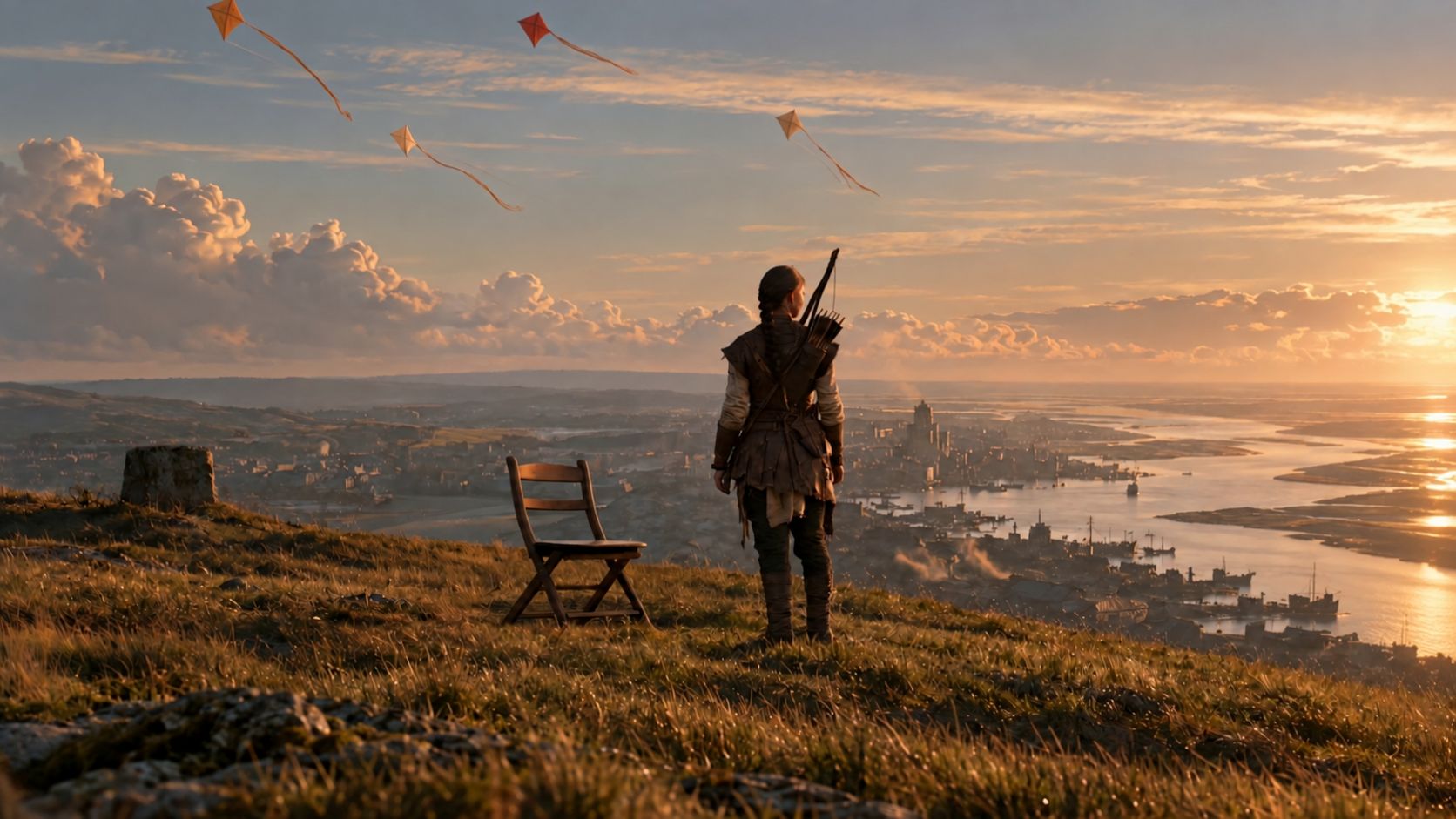 An elven archer stands on a hilltop beside an empty folding chair, a harbour city and kites below the setting sun.