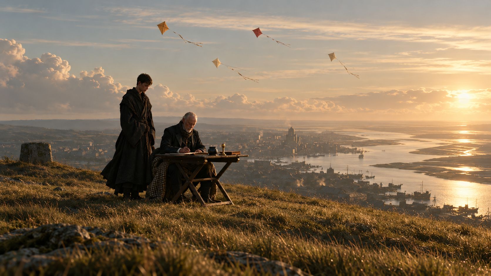 An old scribe writes at a folding table on a hilltop above a harbour city at sunset, a young man standing beside him, kites in the sky.