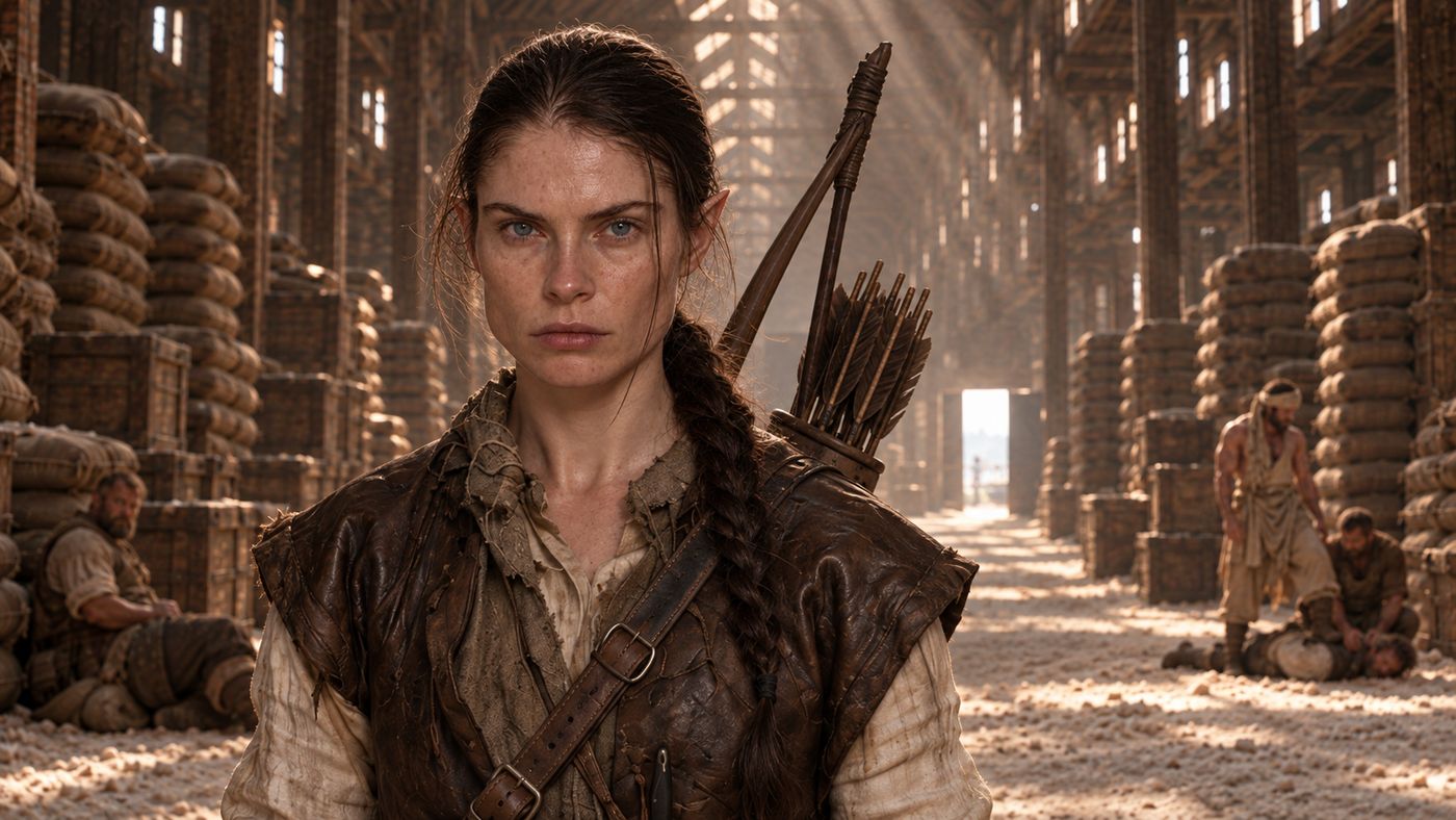 An elven archer stands in a vast storehouse of stacked sacks and crates, workers resting in the light behind her.